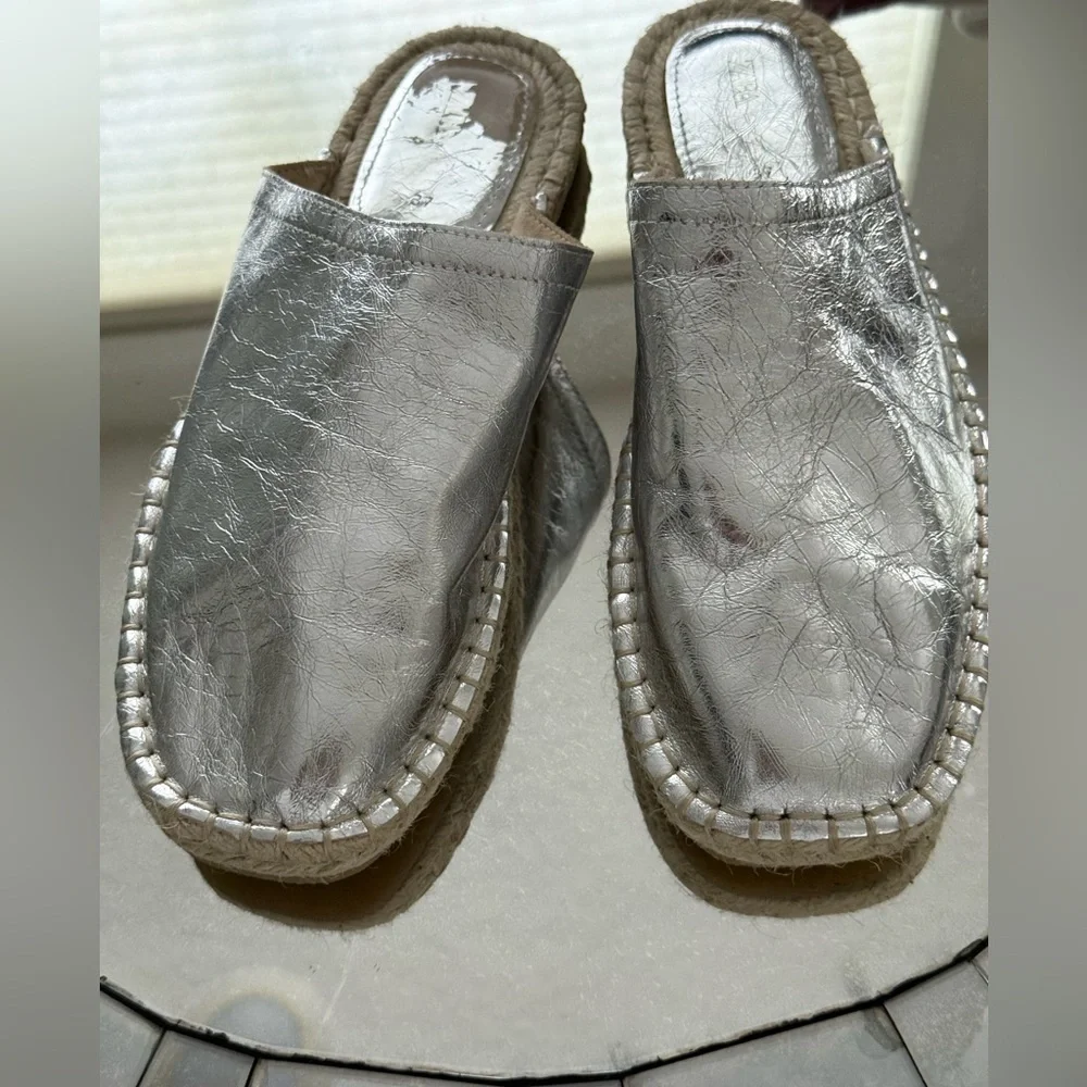 Zara crinkly leather silver metallic espadrille mules